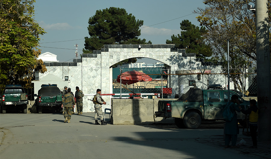 Afghan police personnel stand guard outside Pakistan's embassy, in Kabul on November 4, 2019. (AFP)