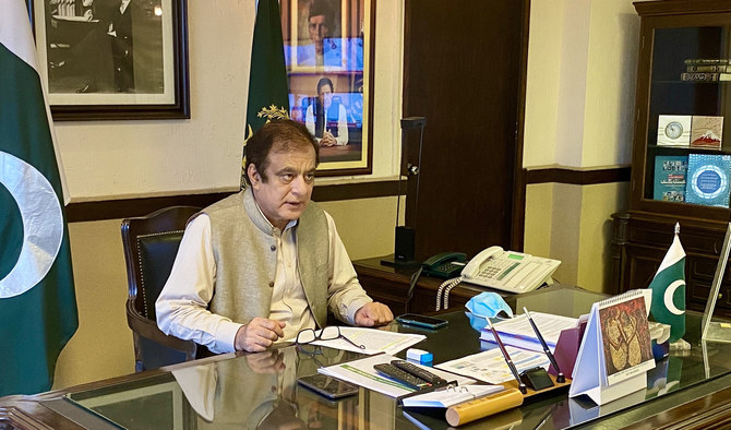 Pakistan’s Minister for Information and Broadcasting Shibli Faraz during an interview with Arab News in Islamabad on May 14, 2020. (AN photo)