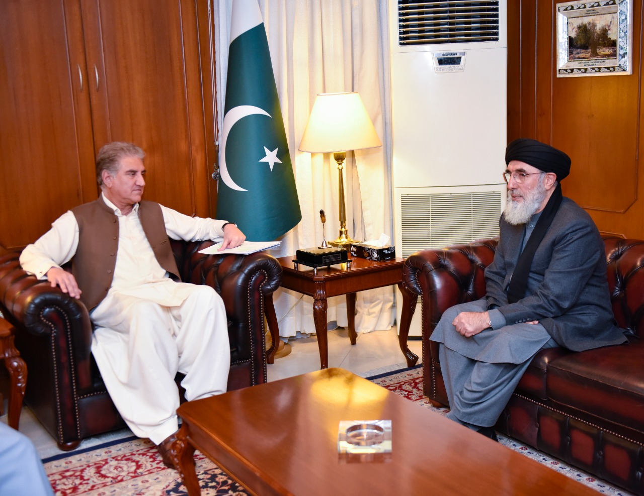 Hizb-e-Islami chief Gulbuddin Hekmatyar meets Pakistan’s Foreign Minister Shah Mahmood Qureshi in Islamabad on October 19, 2020. (Photo by Pakistan’s Foreign Office)
