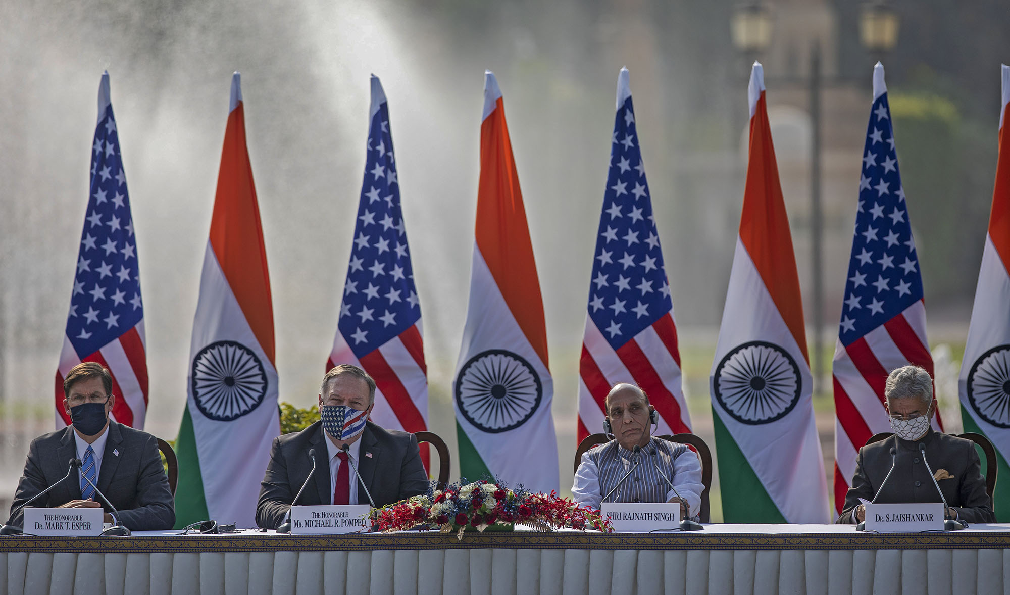 From left, US Secretary of Defence Mark Esper, US Secretary of State Mike Pompeo, Indian Defence Minister Rajnath Singh and Foreign Minister Subrahmanyam Jaishankar during a joint press conference at Hyderabad House in New Delhi on Oct. 27, 2020. (AP)