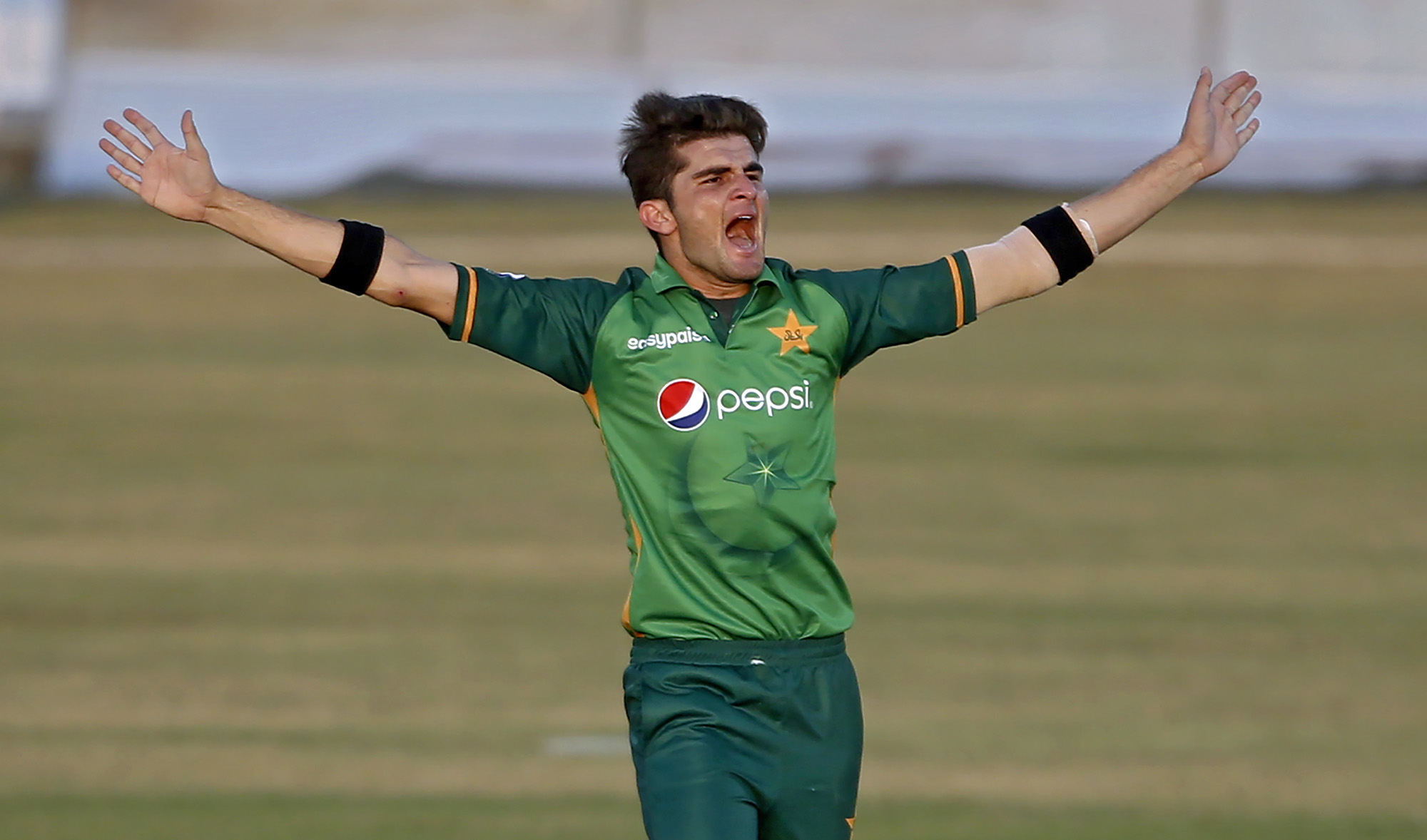 Pakistani pacer Shaheen Afridi celebrates after taking the wicket of Zimbabwe's batsman Chamu Chibhabha during their 1st one-day international cricket match against Zimbabwe at the Pindi Cricket Stadium, in Rawalpindi on Oct. 30, 2020. (AP)