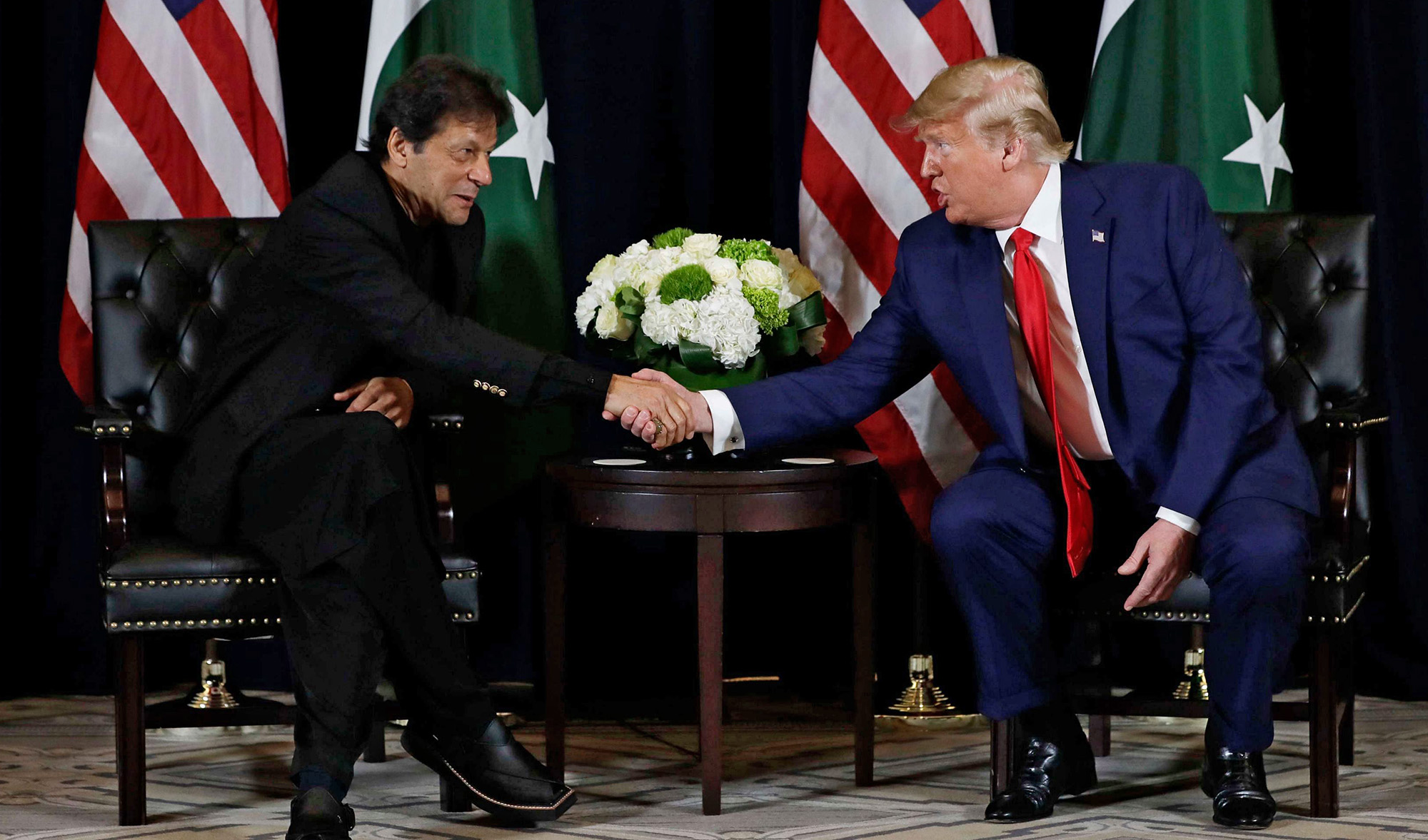President Donald Trump meets with Pakistani Prime Minister Imran Khan at the InterContinental Barclay hotel during the United Nations General Assembly in New York on Sept. 23, 2019. (AP/File)