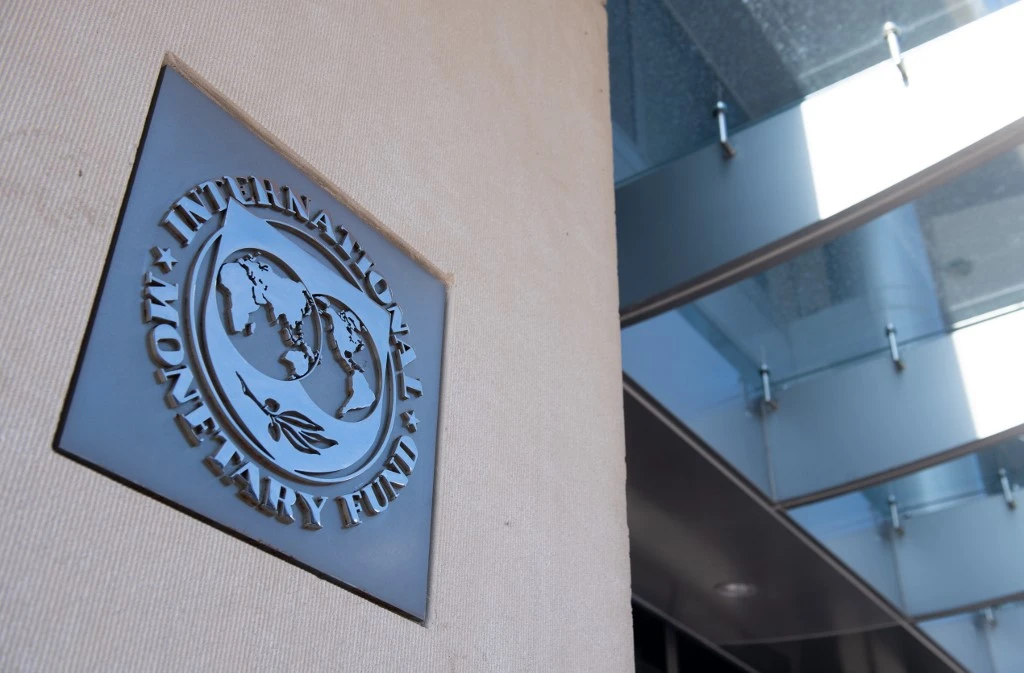 In this file photo taken on April 15, 2020, the seal of the International Monetary Fund (IMF) is seen at its headquarters in Washington, DC. (AFP)