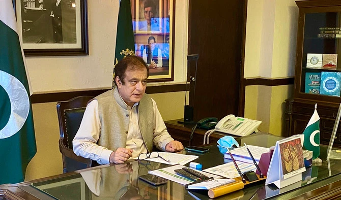 Pakistan’s Minister for Information and Broadcasting Shibli Faraz during an interview with Arab News in Islamabad on May 14, 2020. (AN photo)