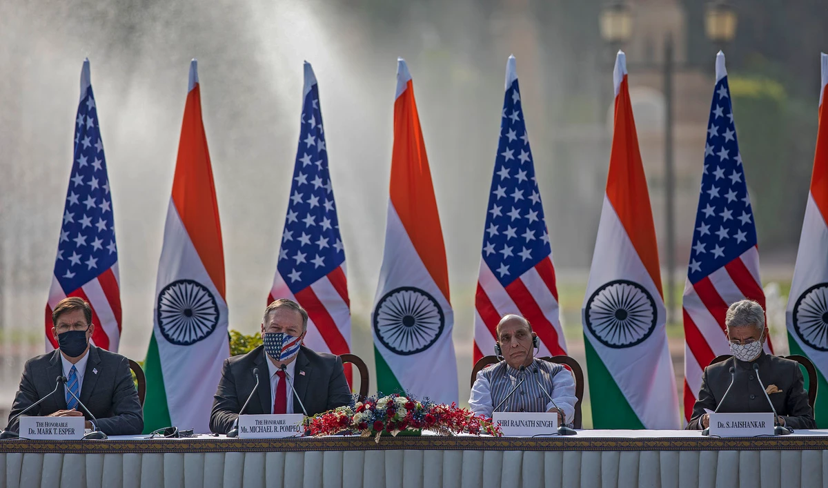 From left, US Secretary of Defence Mark Esper, US Secretary of State Mike Pompeo, Indian Defence Minister Rajnath Singh and Foreign Minister Subrahmanyam Jaishankar during a joint press conference at Hyderabad House in New Delhi on Oct. 27, 2020. (AP)