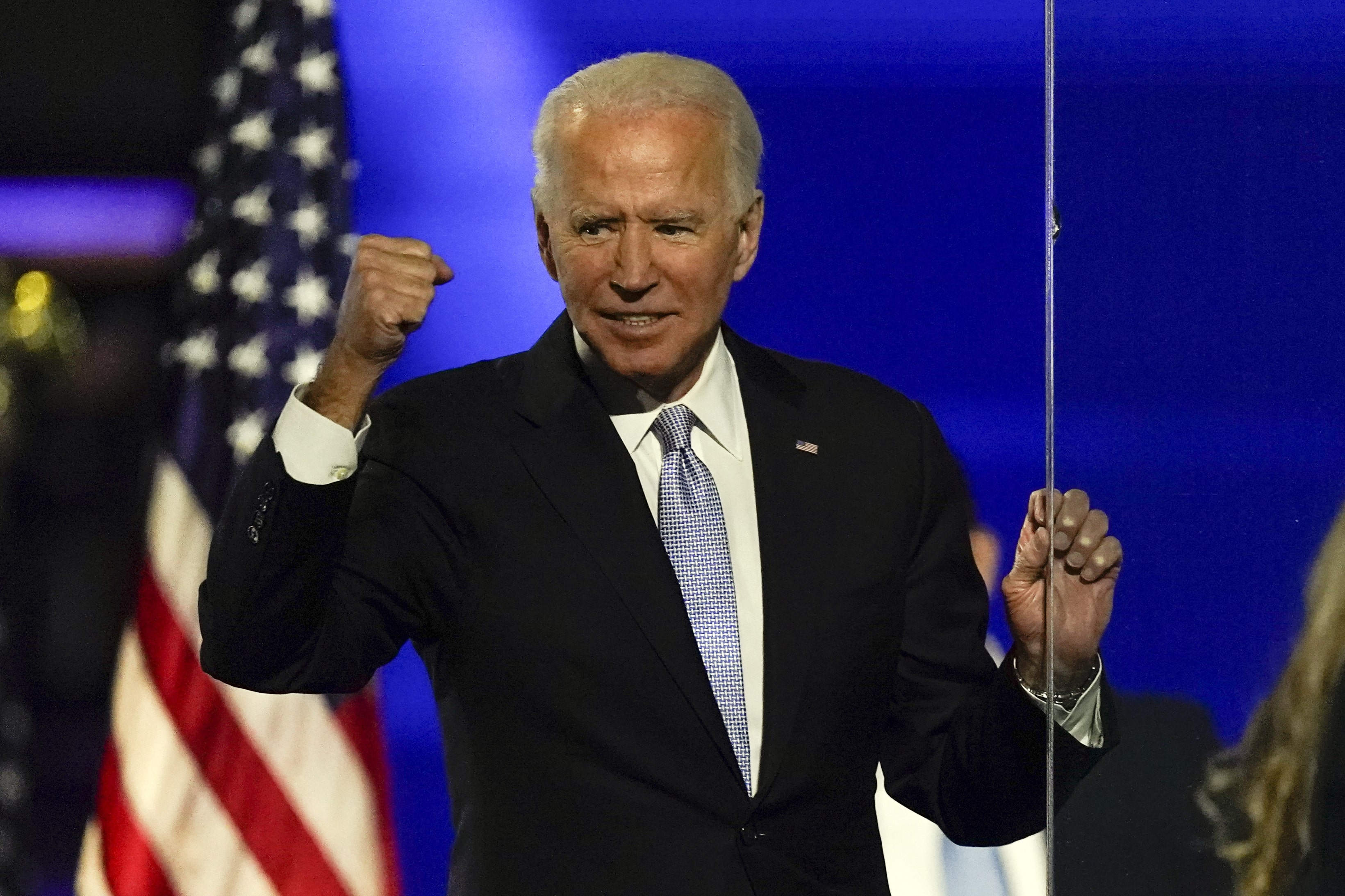 President-elect Joe Biden gestures to supporters Saturday, Nov. 7, 2020, in Wilmington, Del. (AP)