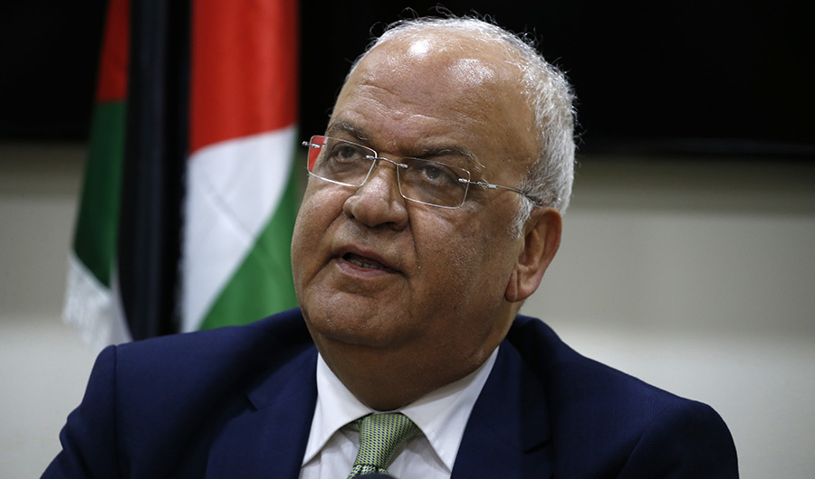 In this file photo, Saeb Erekat, secretary general of the Palestine Liberation Organization (PLO), addresses the media on January 30, 2019. (AFP)