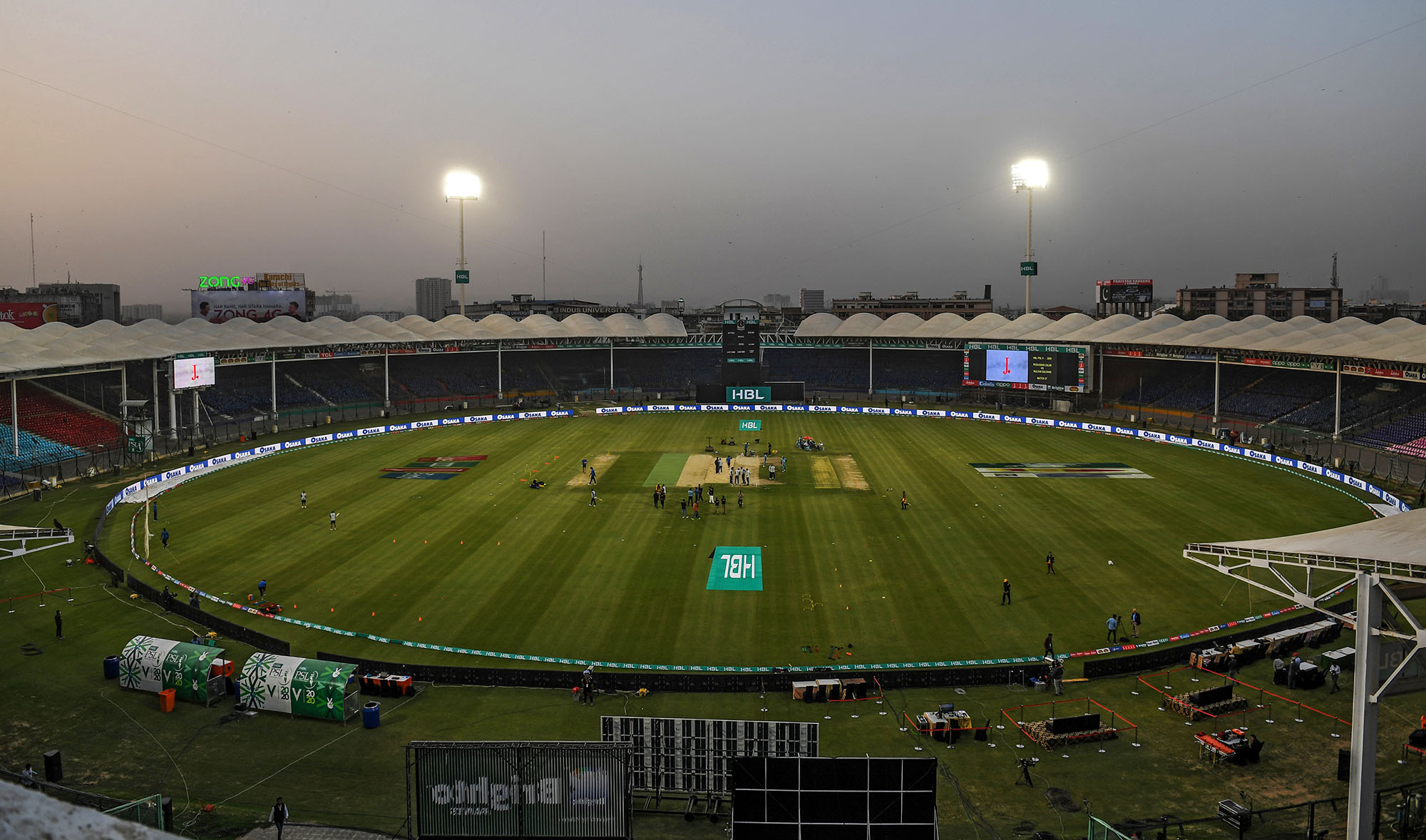 A general view of the empty cricket spectators enclosures before the start of the T20 cricket match between Peshawar Zalmi and Multan Sultans at the National Cricket Stadium in Karachi on March 13, 2020. (AFP/File)