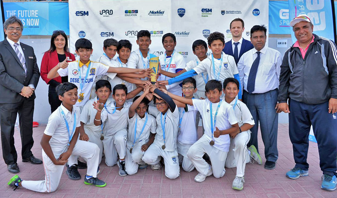Shafiq Ahmad, coach Gems Modern Academy with his team after winning Gems cricket cup in Dubai on Nov. 25, 2017. (Photo courtesy: Shafiq Ahmed)