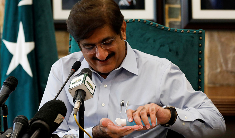 FILE PHOTO: Chief Minister of Sindh, Syed Murad Ali Shah, sanitizes his hands before a press conference following an outbreak of the coronavirus disease (COVID-19), at the Chief Minister House Karachi, in Pakistan March 16, 2020. (REUTERS)