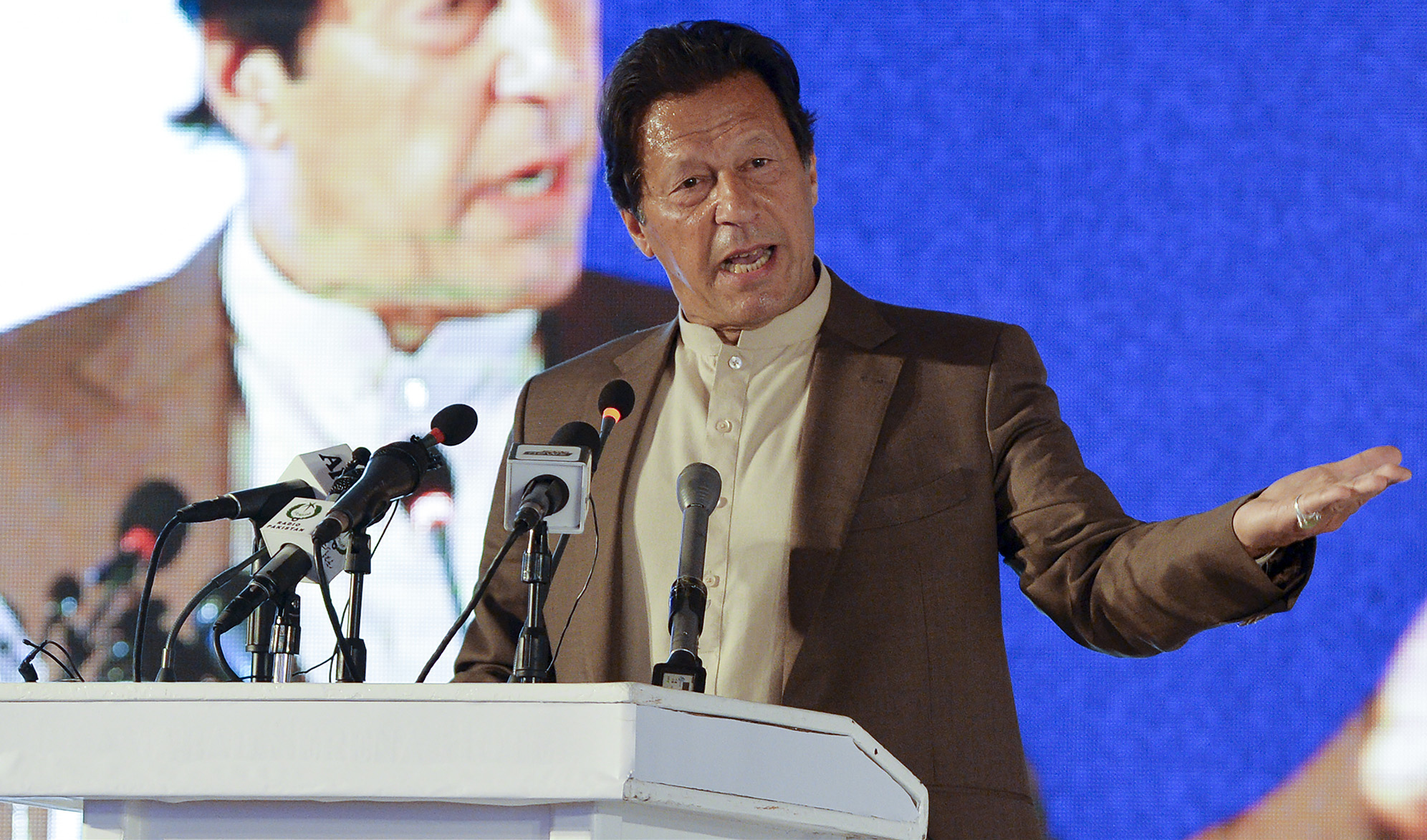 Pakistan's Prime Minister Imran Khan during a speech in Islamabad on Feb. 17, 2020. (AFP/File)