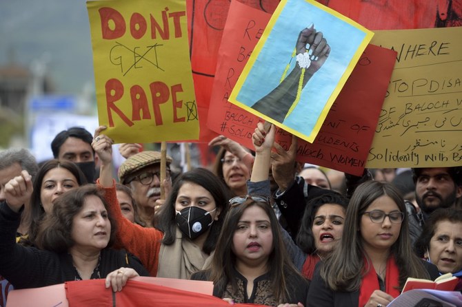 In this photograph taken in Islamabad on March 8, 2020, activists shout slogans during a rally to mark International Women's Day. (AFP/File)