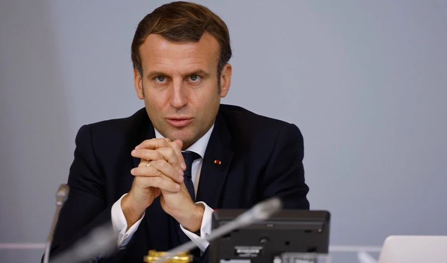 French President Emmanuel Macron speaks during a videoconference with representatives of the sporting world at the Elysee Palace in Paris on November 17, 2020. (AFP)