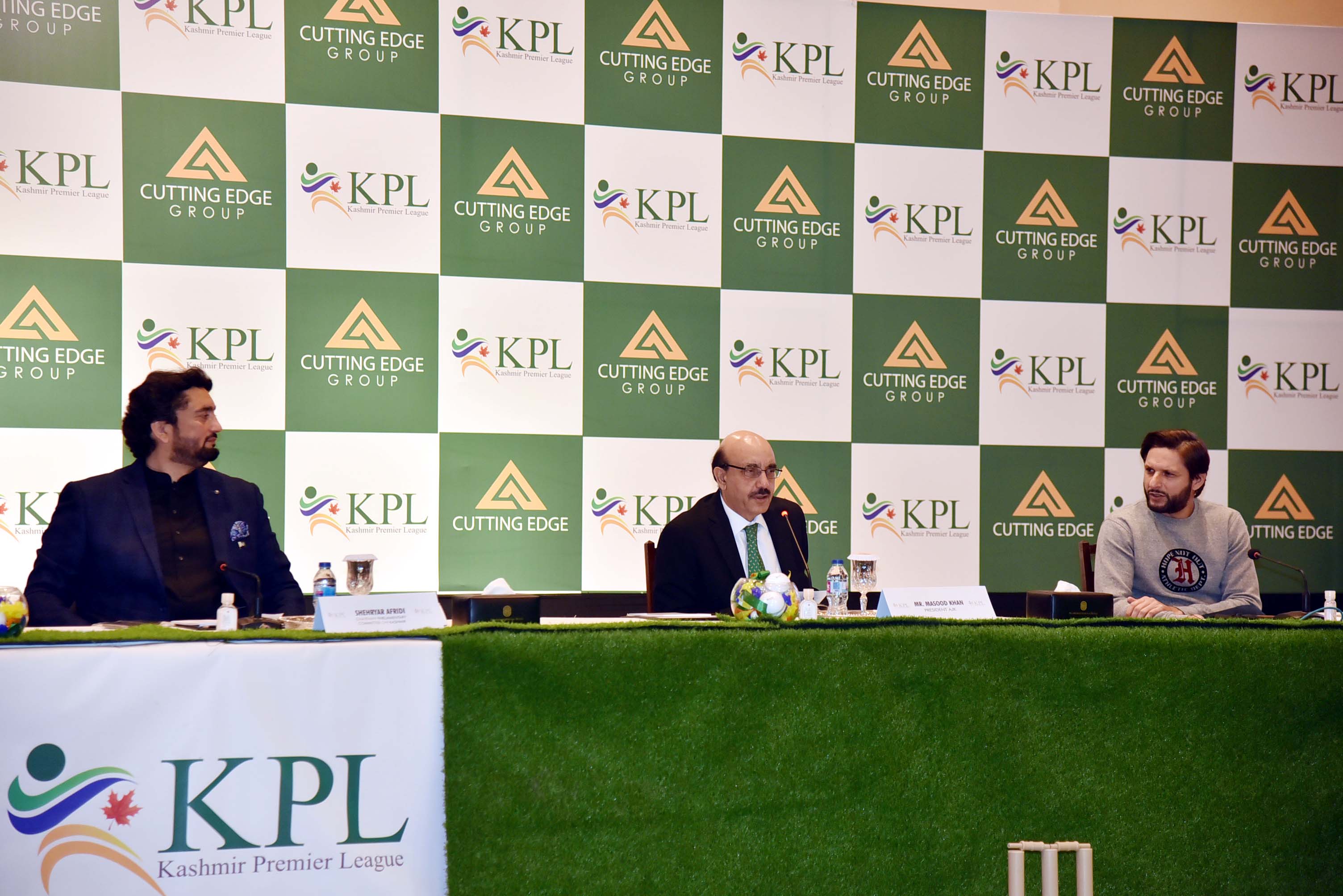 Chairman Kashmir Committee Shehryar Khan Afridi (left) with President Azad Jammu & Kashmir Sardar Masood Khan and cricket icon Shahid Afridi (right) launched the Kashmir Premier League on December 11, 2020. (Photo by – President Azad Kashmir Office)