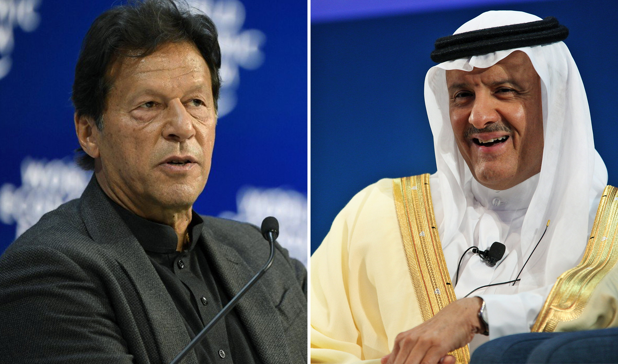 The collage shows Pakistan Prime Minister Imran Khan, left, and Prince Sultan bin Salman bin Abdulaziz Al Saud, chairman of the Saudi commission for tourism and national heritage. (File/AFP photos)