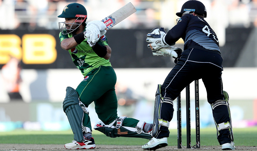 Pakistan's Mohammad Rizwan plays a shot during the first T20 international cricket match between New Zealand and Pakistan at Eden Park in Auckland on December 18, 2020. (AFP)