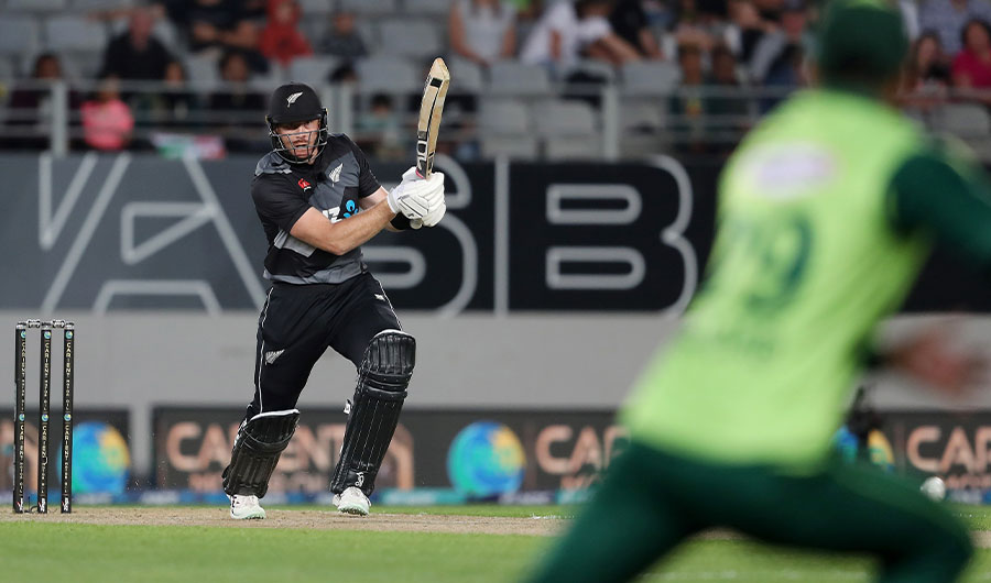 New Zealand’s Martin Guptill plays a shot during the first T20 international cricket match between New Zealand and Pakistan at Eden Park in Auckland on December 18, 2020. (AFP)