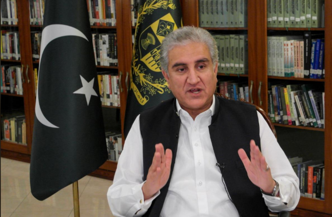 Pakistan's Foreign Minister Shah Mehmood Qureshi gestures as he speaks during an interview with Reuters at the Ministry of Foreign Affairs (MOFA) office in Islamabad, Pakistan June 25, 2020. (Reuters)