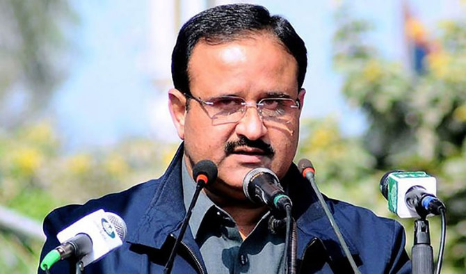 The undated file photo shows Punjab Chief Minister Sardar Usman Buzdar speaking to the media. (APP)