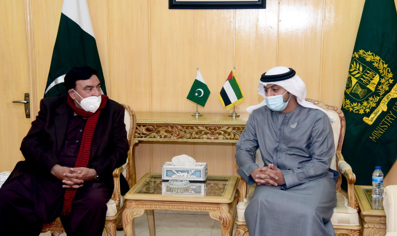 Pakistan’s Interior Minister Sheikh Rasheed Ahmad called on the UAE ambassador to Pakistan, Hamad Obaid Ibrahim Salem Al Zaabi in Islamabad on December 22, 2020. (Photo Courtesy: UAE Embassy Twitter account)