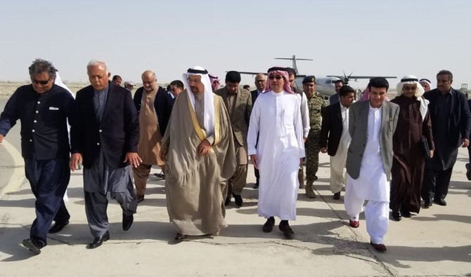 Saudi Arabia’s Minister of Energy Khalid A Al-Falih is received by Pakistan Petroleum Minister Ghulam Sarwar Khan and Port and Shipping minister Ali Zaidi at Gwadar Port on January 13, 2019. (Twitter photo)