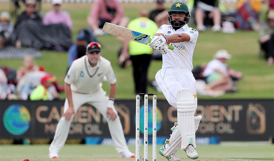 Pakistan’s Fawad Alam bats during the third day of the first cricket Test match between New Zealand and Pakistan at the Bay Oval in Mount Maunganui on December 28, 2020. (AFP)