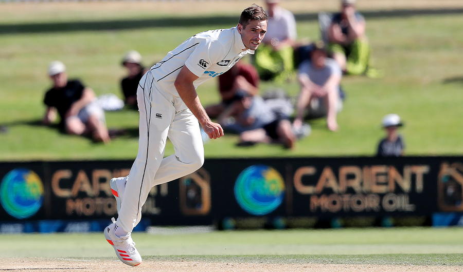 New Zealand’s Tim Southee bowls on the fourth day of the first cricket Test match between New Zealand and Pakistan at the Bay Oval in Mount Maunganui on December 29, 2020. (AFP)