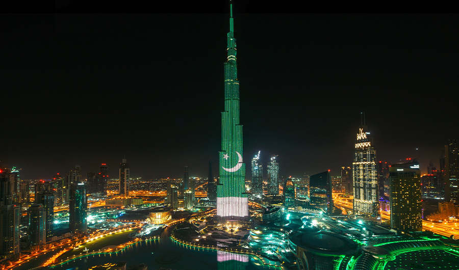 In this photo, Dubai's skyscraper Burj Khalifa illuminated in Pakistan's national flag to celebrate Pakistan's 77th Republic Day on March 23, 2017. (Photo Courtesy: Burj Khalifa Twitter)