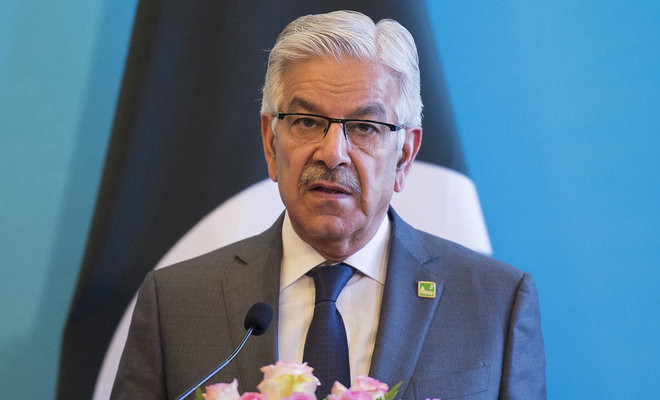 In this file photo, Pakistan's Foreign Minister Khawaja Muhammad Asif speaks during a joint press conference with China's Foreign Minister Wang Yi and Afghanistan's Foreign Minister Salahuddin Rabbani after the first China-Afghanistan-Pakistan Foreign Ministers' Dialogue in Beijing on Dec. 26, 2017. (AFP)