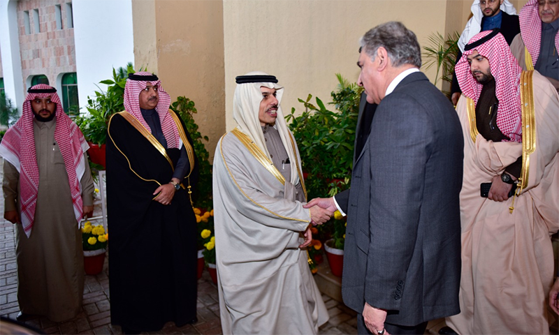FILE - In this photo, Pakistani foreign minister Shah Mehmood Qureshi receives Saudi Arabian Foreign Minister Prince Faisal bin Farhan Al-Saud at the Foreign Office in Islamabad, Dec. 26, 2019. (Photo courtesy: Foreign Office)