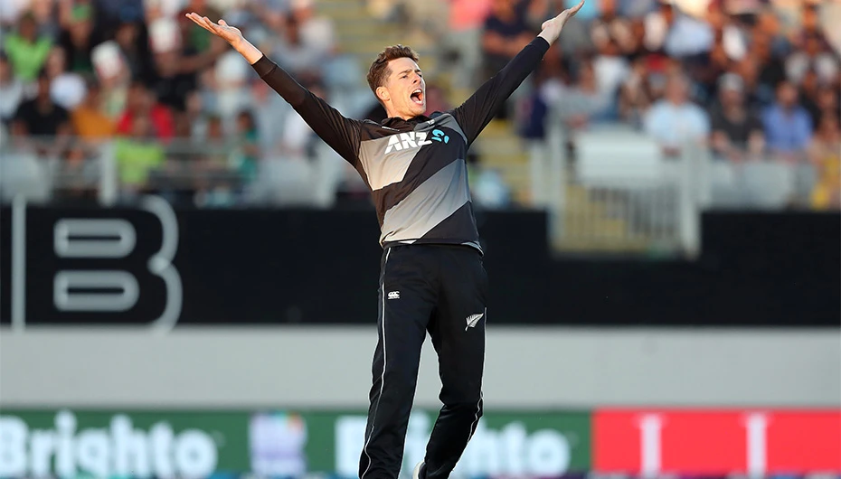 New Zealand’s paceman Mitchell Santner shouts an unsuccessful appeal during the first T20 international cricket match between New Zealand and Pakistan at Eden Park in Auckland on December 18, 2020. (AFP)