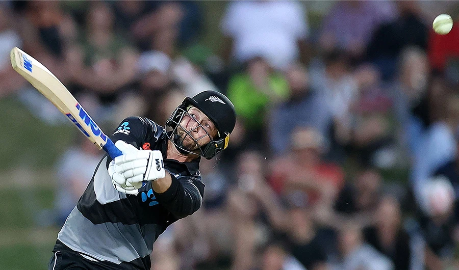 New Zealand batsman Devon Conway plays a shot during the third T20 cricket match between New Zealand and Pakistan at McLean Park in Napier on December 22, 2020. (AFP)