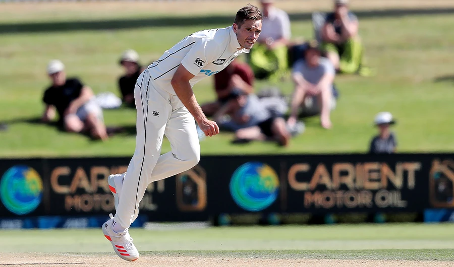 New Zealand’s Tim Southee bowls on the fourth day of the first cricket Test match between New Zealand and Pakistan at the Bay Oval in Mount Maunganui on December 29, 2020. (AFP)