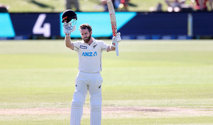 New Zealand's captain Kane Williamson celebrates his century during day two of the second international cricket Test match between New Zealand and Pakistan at Hagley Oval in Christchurch on January 4, 2021. (AFP)