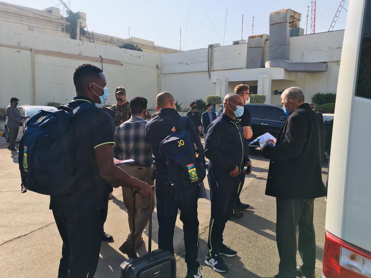 The South African cricket team arrived in Karachi on Jan 16, 2021 to play two Tests and three Twenty20 internationals. (PCB)