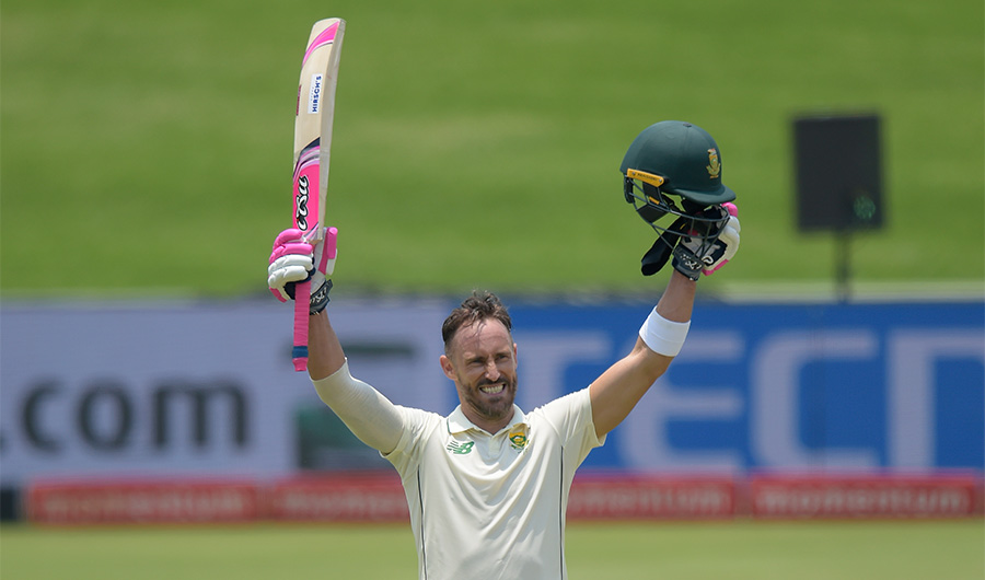 South Africa's Faf du Plessis celebrates after scoring a century (100 runs) during the third day of the first Test cricket match between South Africa and Sri Lanka at SuperSport Park in Centurion on December 28, 2020. (AFP/File)