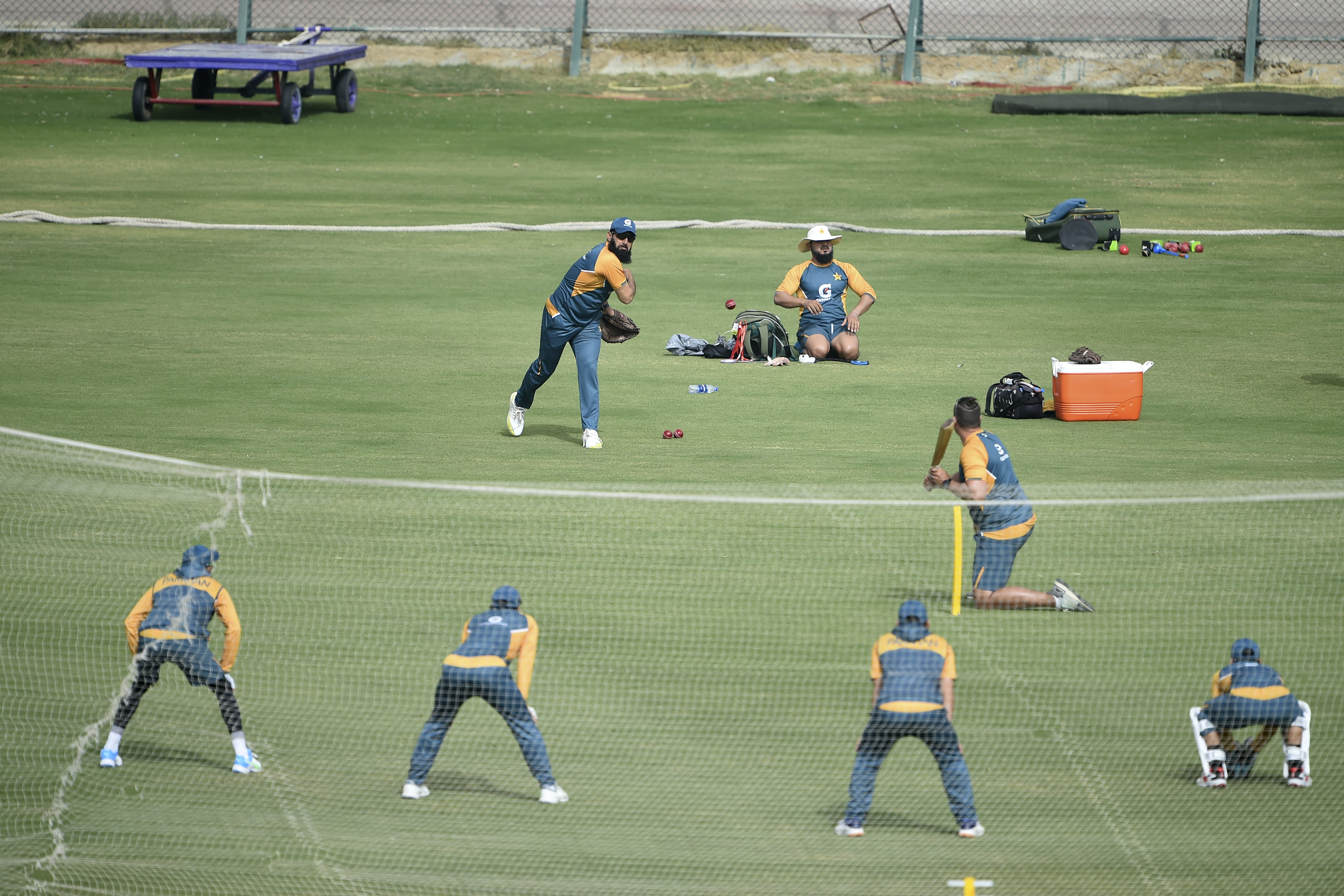 Pakistan's players attend a practice session at the National Stadium in Karachi on January 23, 2021, ahead of their first cricket test match against South Africa to be played on January 26. (AFP)