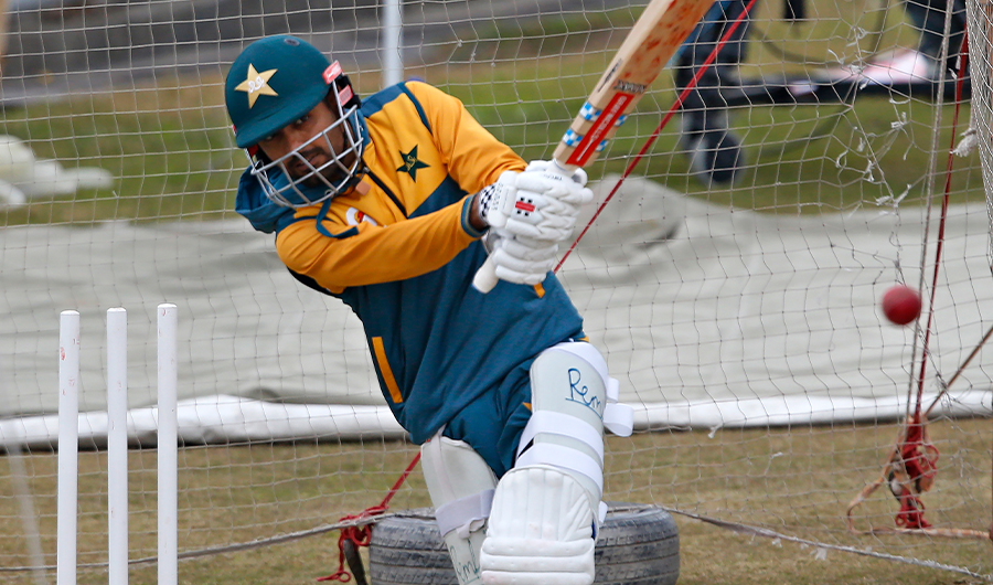 Pakistan's skipper Babar Azam bats during a practice session at the Pindi Stadium in Rawalpindi, Pakistan, Wednesday, Feb. 3, 2021. Pakistan and South Africa will play second cricket test match in Rawalpindi, starting on Feb. 4. (AP)