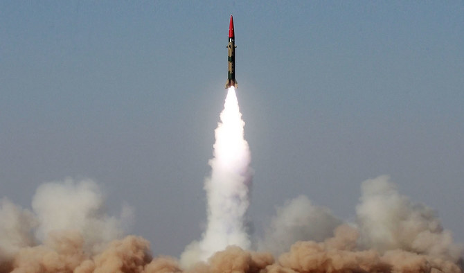 In this hand out picture released by the Inter Services Public Relations (ISPR) on February 13, 2008 a Hatf III (Ghaznavi), a short-range nuclear-capable ballistic missile is successfully launched from an undisclosed location in Pakistan. (ISPR via AFP/File)