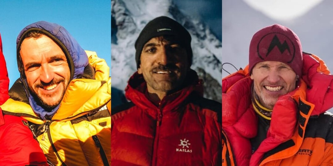 A collage photo of Pakistani mountaineer Ali Sadpara (C) and his two companions, John Snorri of Iceland (R) and Juan Pablo Mohr of Chile (L).