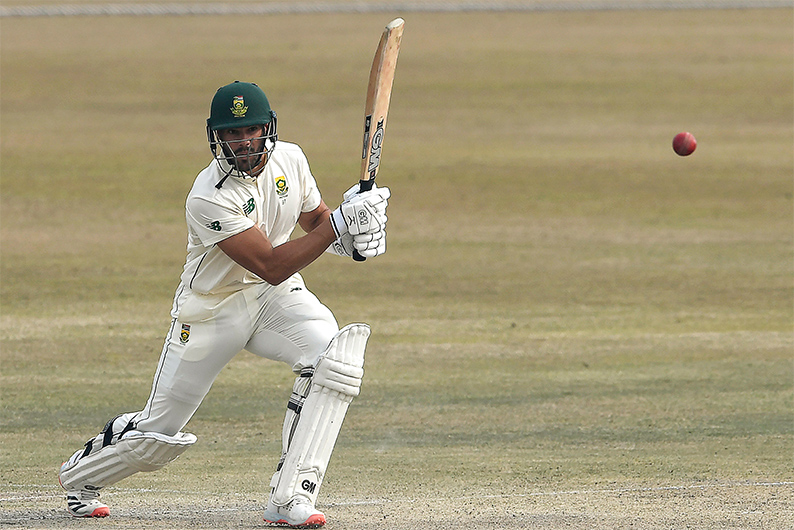 South Africa's Aiden Markram plays a shot during the fifth and final day of the second Test cricket match between Pakistan and South Africa at the Rawalpindi Cricket Stadium in Rawalpindi on February 8, 2021. (AFP)