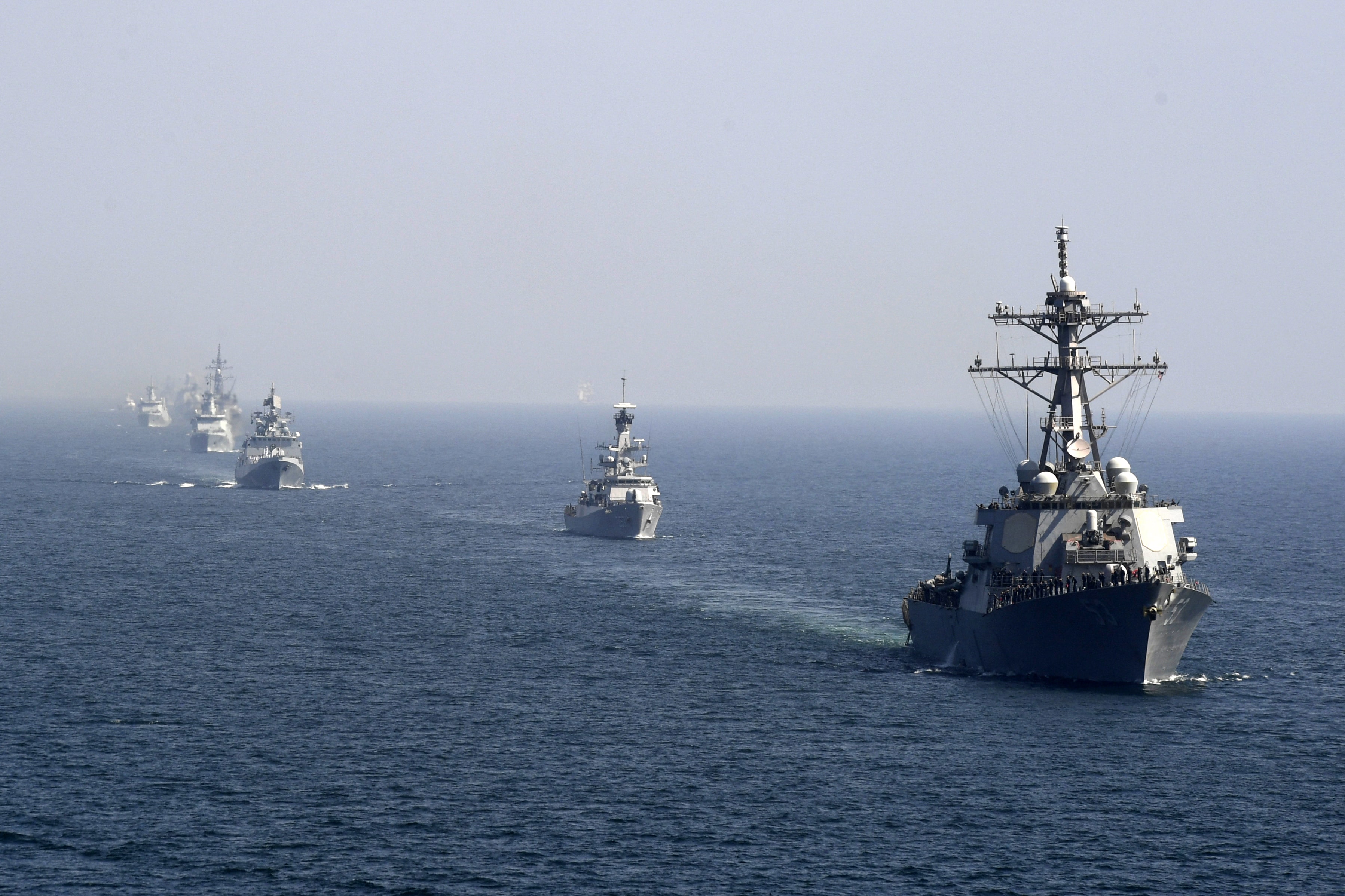In this picture taken on February 15, 2021 Naval ships from various countries are pictured during the multinational naval exercise 'AMAN-21' in the Arabian Sea near Pakistan's port city of Karachi. (AFP)