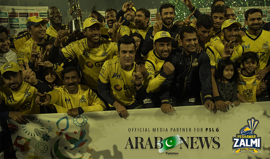 Players of Peshawar Zalmi celebrate their victory over Quetta Gladiators in the final cricket match of the Pakistan Super League (PSL) at The Gaddafi Cricket Stadium in Lahore, Pakistan, on March 5, 2017. (AFP/File)