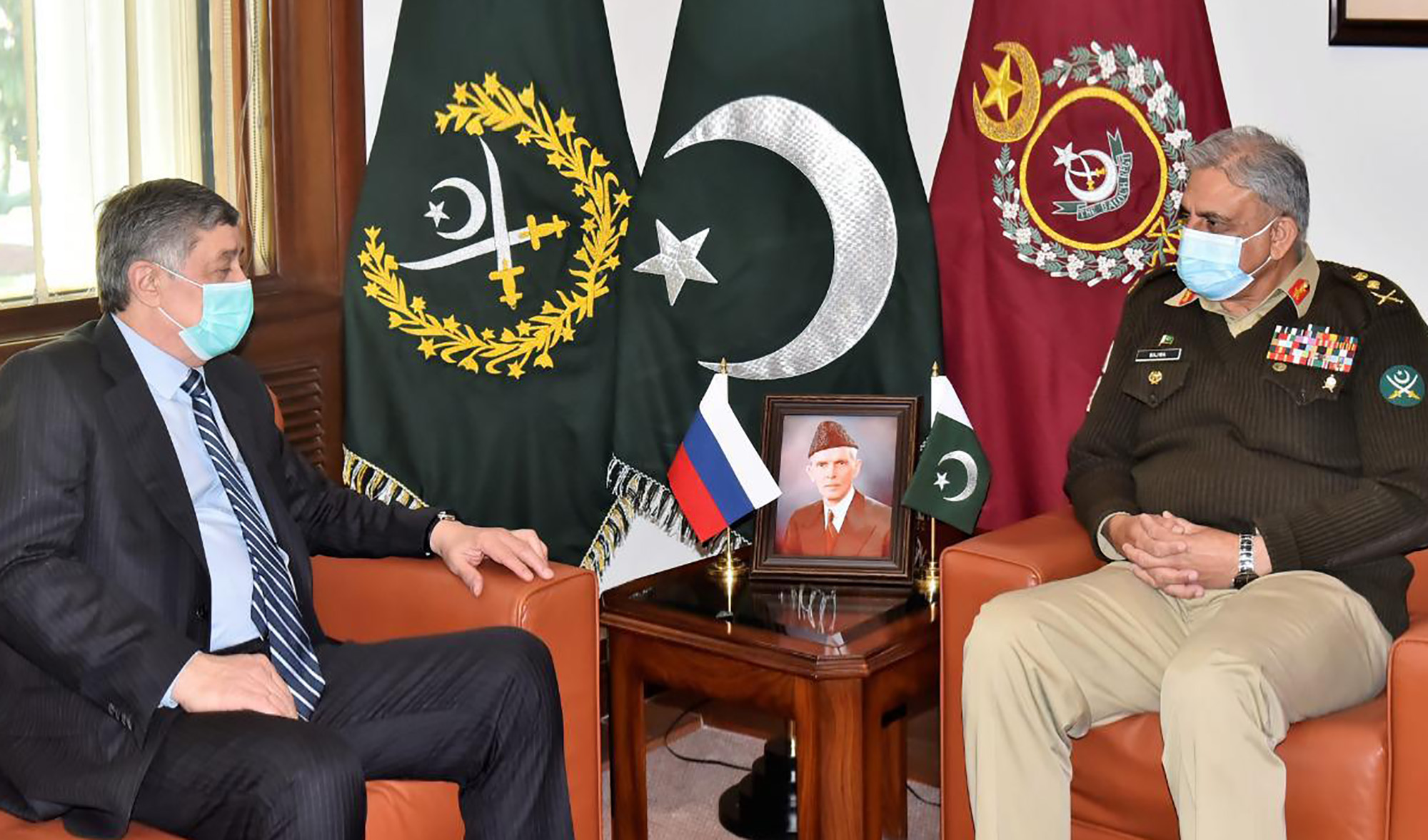 Russia’s special envoy for Afghanistan Zamir Kabulov, left, during his meeting with Pakistan's army chief Qamar Javed Bajwa at General Headquarters (GHQ) in Rawalpindi, Pakistan, on February 19, 2021. (Photo courtesy: Radio Pakistan)