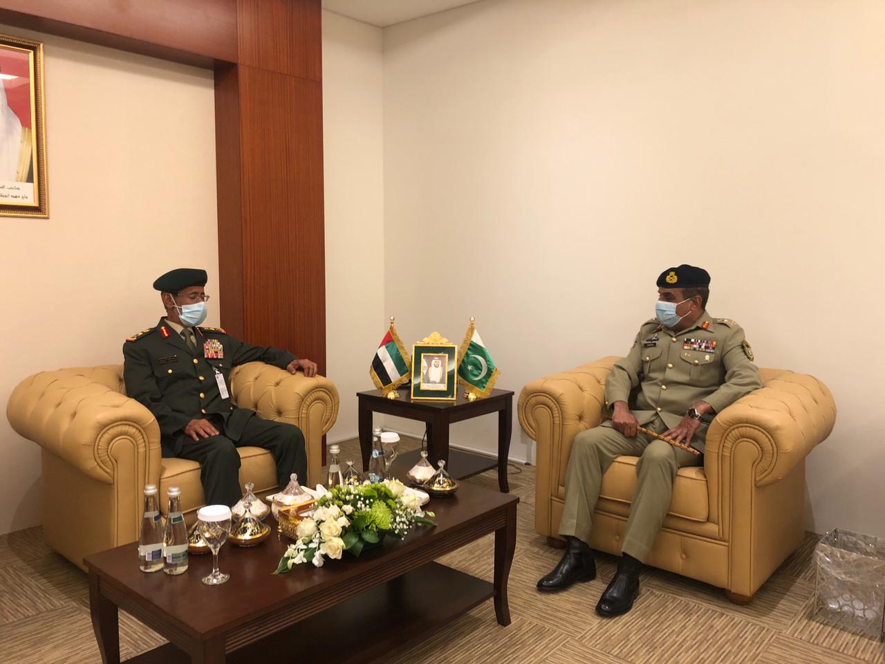 Pakistan's Chairman of the Joint Chiefs of Staff Gen. Nadeem Raza, right, meets UAE Armed Forces Chief of Staff Lt. General Hamad Mohammed Thani Al-Rumaithi in Abu Dhabi on February 22, 2021. (WAM)