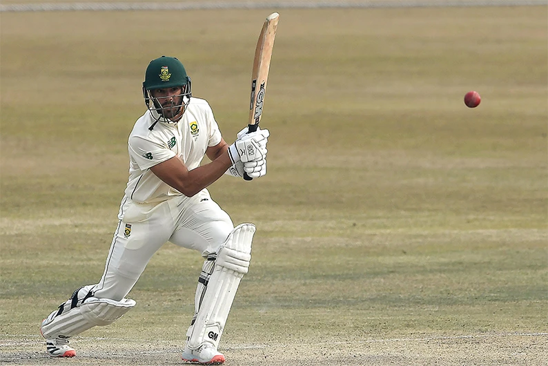 South Africa's Aiden Markram plays a shot during the fifth and final day of the second Test cricket match between Pakistan and South Africa at the Rawalpindi Cricket Stadium in Rawalpindi on February 8, 2021. (AFP)