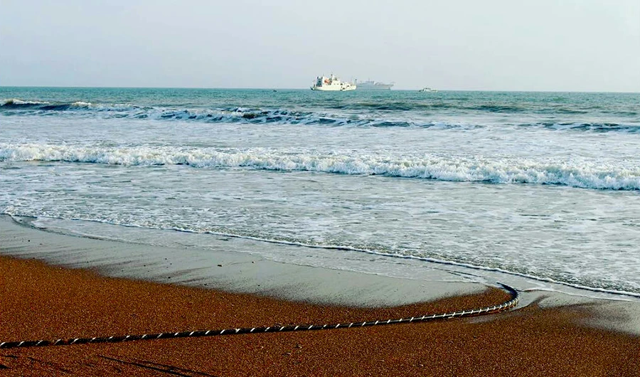 In this photo, fiber optic cable, 24 Tbps SEA-ME-WE-5 (high speed submarine cable) is being deployed at Transworld landing station Hawke's Bay Karachi, Pakistan on September 23, 2016. (Photo courtesy: Khizan photography)