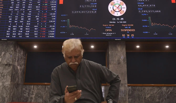 A stockbroker uses his phone beside an index board showing latest share prices during a trading session at the Pakistan Stock Exchange (PSX) in Karachi on February 3, 2020. (AFP)