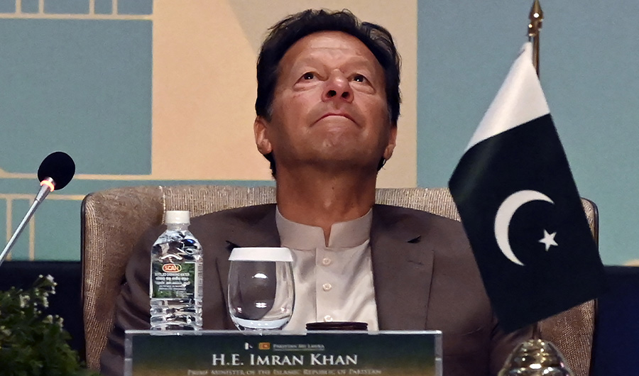 Pakistan's Prime Minister Imran Khan looks on during a Trade and Investments conference in Colombo, Sri Lanka on February 24, 2021. (AFP)