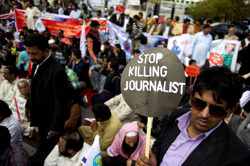 Pakistani journalists hold a sit-in protest before the Parliament in Islamabad, Pakistan, on March 20, 2014. (AP/File)